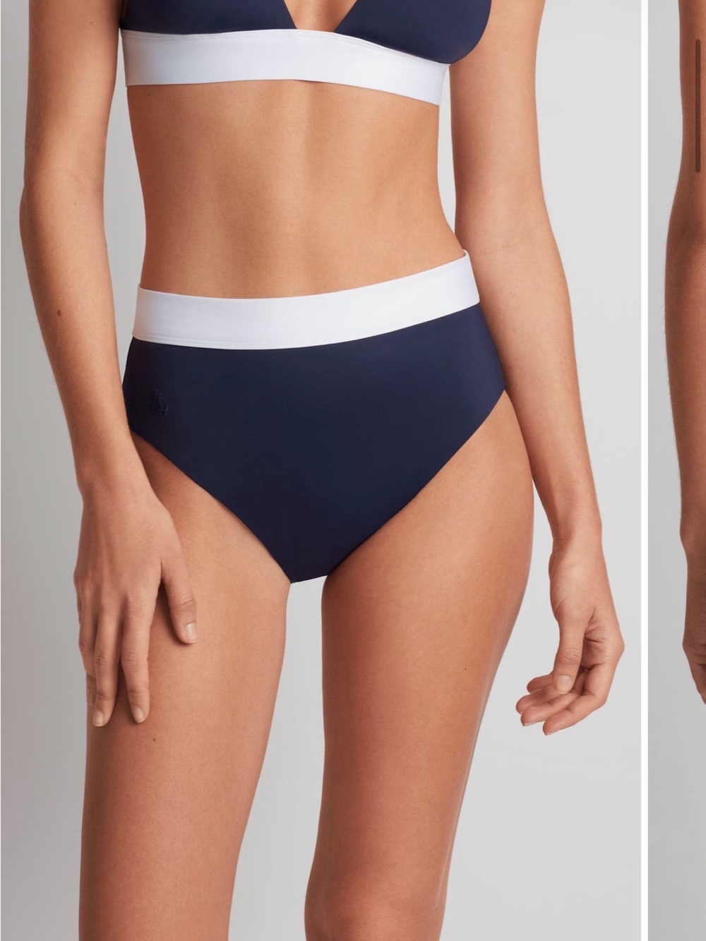 NWT Lauren Ralph Lauren Navy Banded High Waist Bikini Bottoms White Waistband